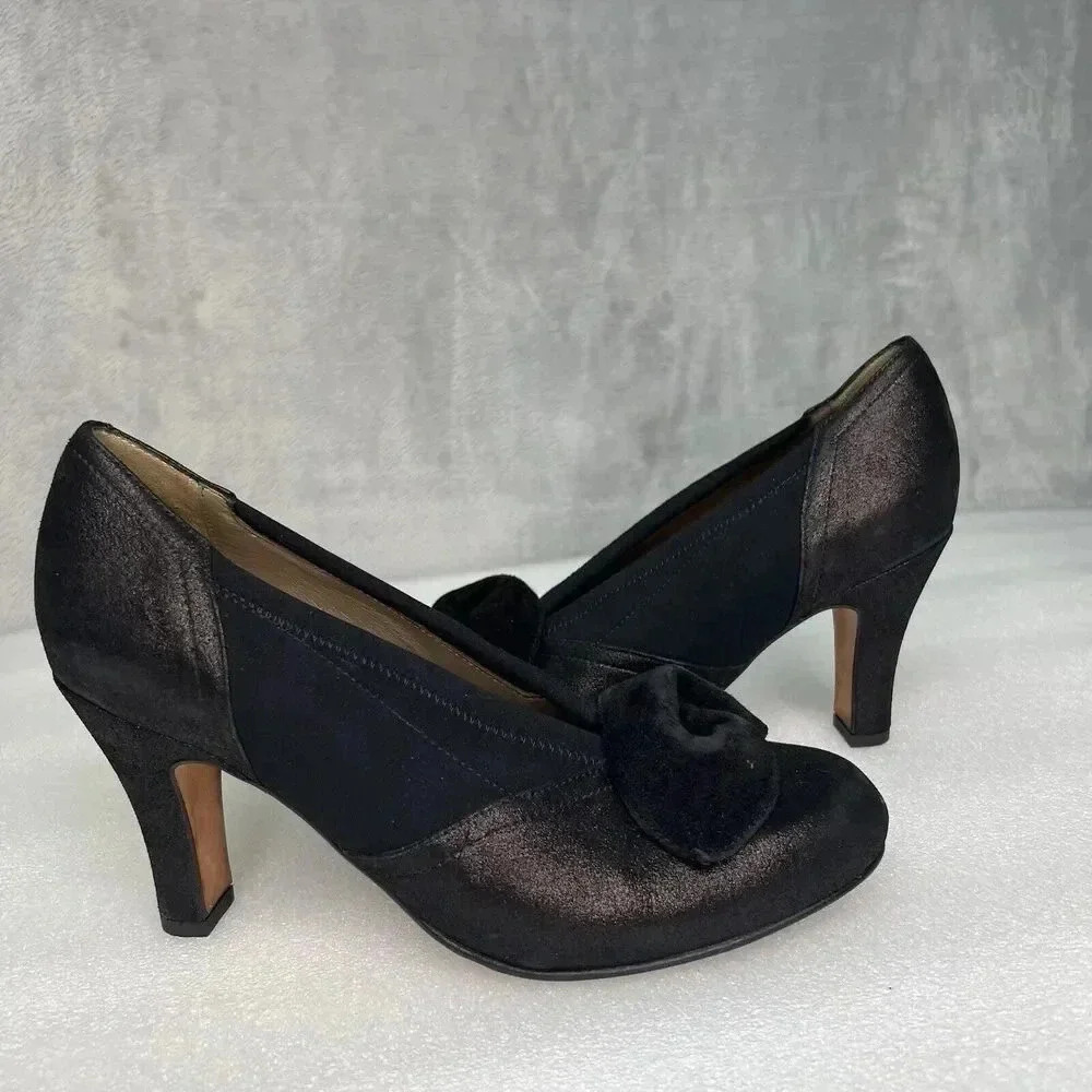 ANYI LU Hand Made‎ Italy Heels Black Fabric Metallic Leather Bow Detail Formal 9 - Picture 2 of 16